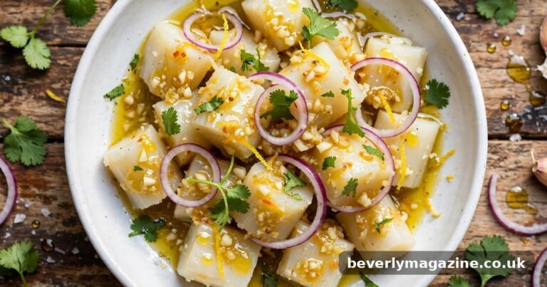Plate of boiled yuca cassava topped with garlic mojo sauce and softened onions