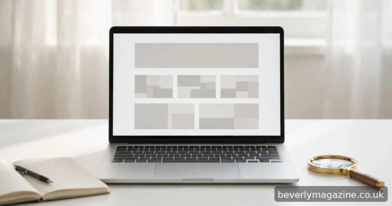 Laptop on a white desk showing a generic website layout with placeholder blocks, a magnifying glass and notebook beside it.