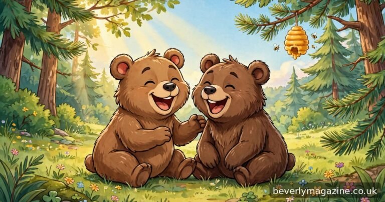 Cheerful cartoon illustration of two laughing brown bears in a sunlit forest clearing with pine trees and a beehive