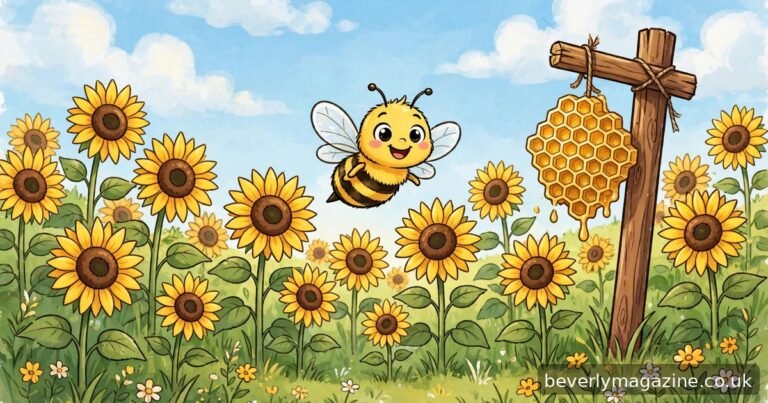 Cartoon illustration of a cute smiling honeybee flying over sunflowers with a dripping honeycomb