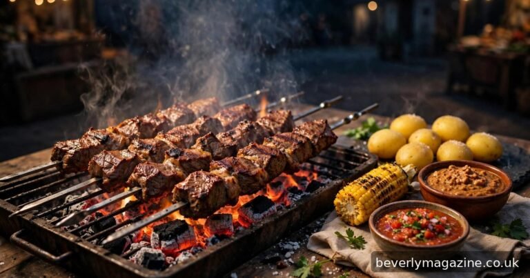 Beef skewers grilling over glowing charcoal at night, with boiled potatoes, grilled corn, peanut sauce and red salsa in bowls beside the grill.