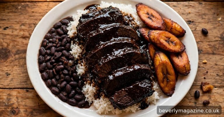 Overhead plate of Venezuelan asado negro: glossy dark-braised beef slices over white rice with black beans and fried plantains.