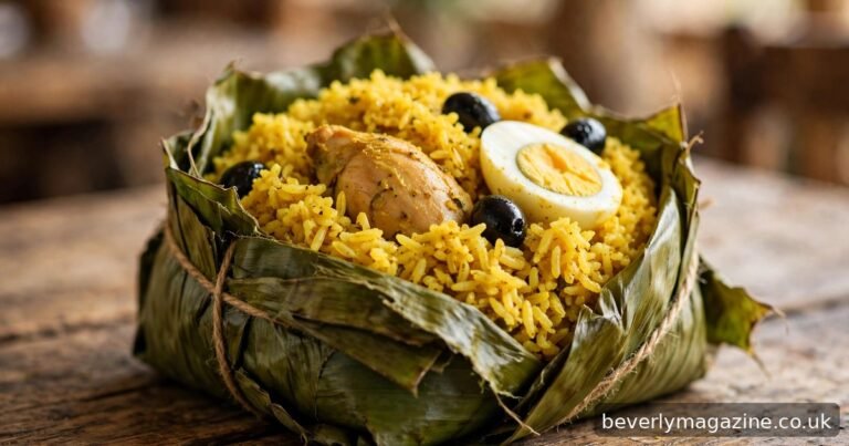 Partially unwrapped Peruvian juane: yellow turmeric rice with chicken, half a boiled egg and black olives in a green banana leaf on a wooden table.