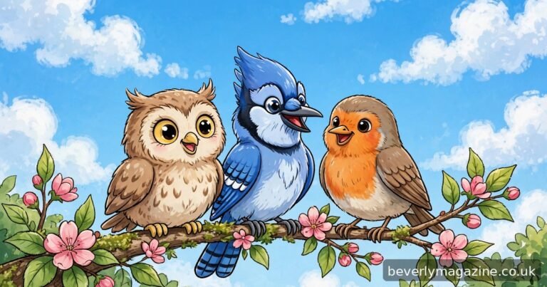 Cheerful cartoon illustration of a happy owl, blue jay and robin perched on a flowering branch under a bright blue sky
