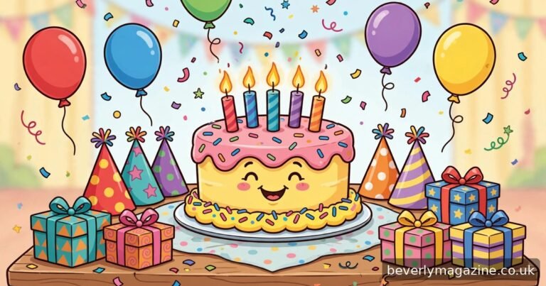 Cartoon illustration of a smiling birthday cake with lit candles, balloons, party hats, and wrapped presents