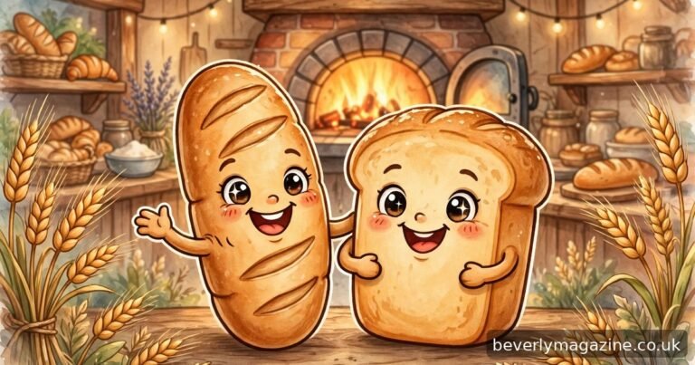 Cheerful cartoon illustration of smiling baguette and loaf characters inside a cozy warm bakery with wheat and a glowing oven