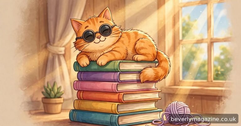 Cartoon illustration of a fluffy orange tabby cat wearing round sunglasses lounging on a stack of colorful books