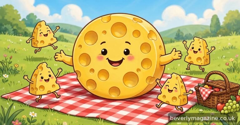 Cartoon illustration of a giant smiling Swiss cheese wheel with dancing cheese wedges on a picnic blanket