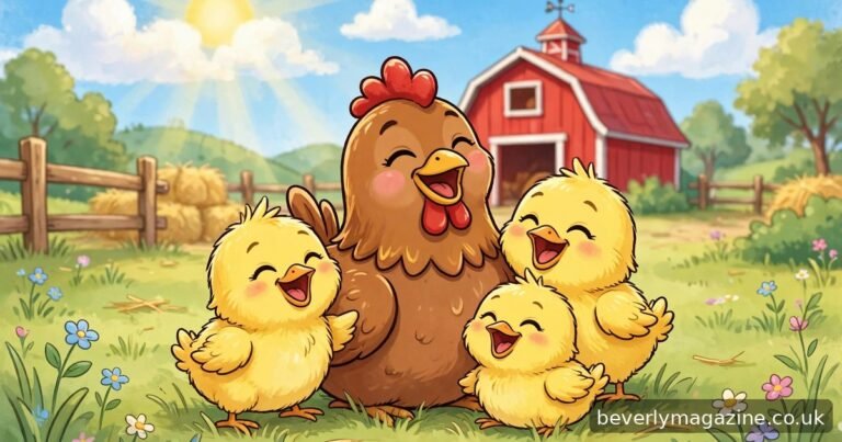 Cheerful cartoon illustration of a happy hen with three fluffy chicks laughing in a sunny farmyard with a red barn