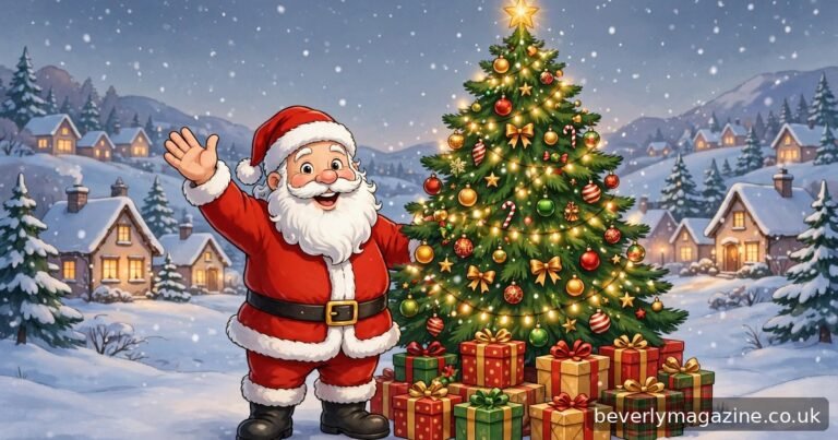 Cheerful cartoon of Santa Claus waving beside a decorated Christmas tree with presents in a snowy village