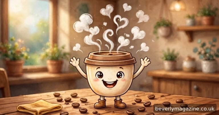 Cartoon illustration of a smiling coffee cup character with heart-shaped steam on a cafe table with coffee beans