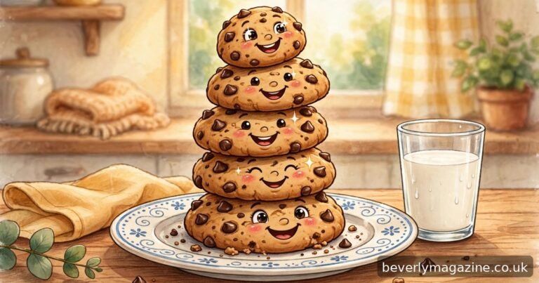 Cheerful cartoon illustration of happy chocolate chip cookies with smiling faces on a plate next to a glass of milk