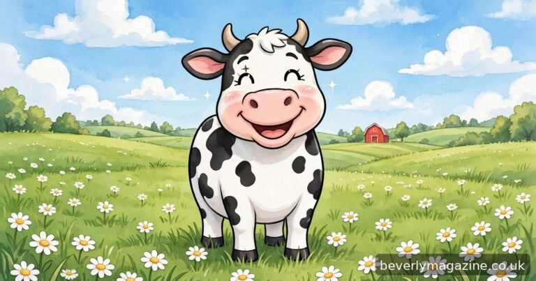 Cartoon illustration of a happy black-and-white spotted cow standing in a daisy-filled green pasture with a red barn