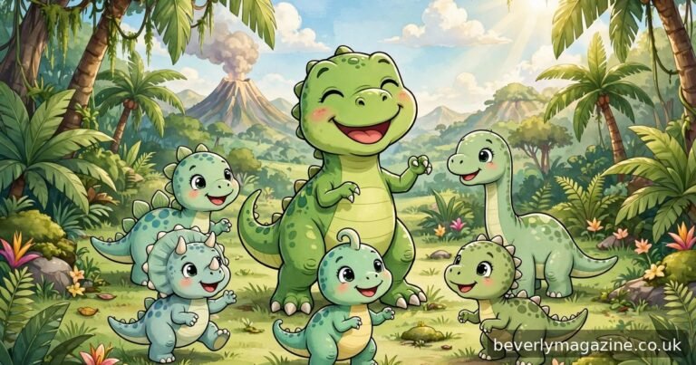 Friendly cartoon T-rex playing with cute baby dinosaurs in a sunny prehistoric jungle