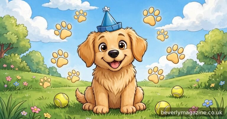 Cartoon illustration of a happy golden retriever puppy wearing a blue party hat in a sunny park with floating paw prints