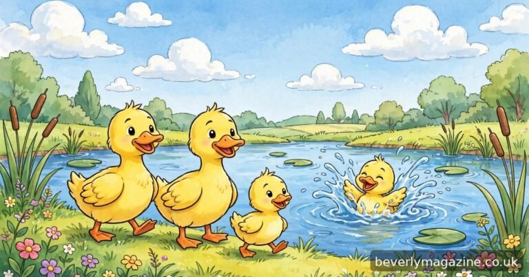 Cheerful cartoon duck family waddling by a sunny pond with lily pads