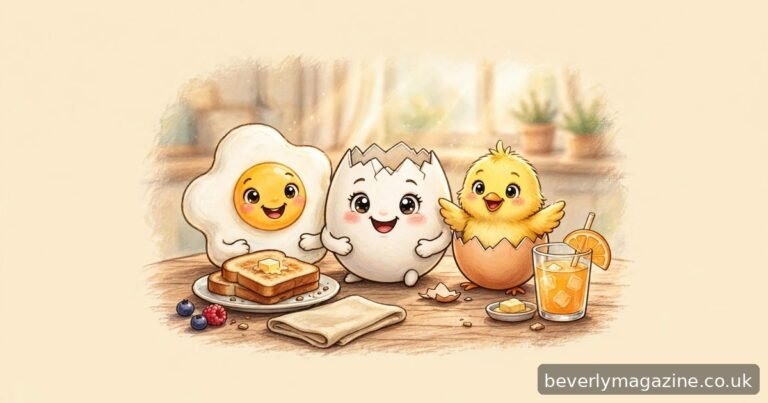 Cute smiling cartoon egg characters and a hatching chick on a sunny breakfast table