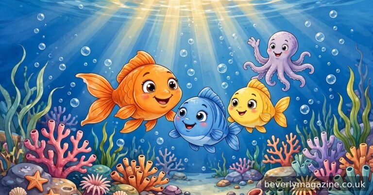 Cartoon illustration of a smiling orange goldfish with fish friends and an octopus in a bright coral reef