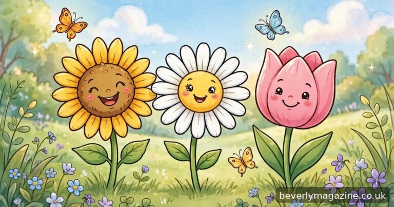 Cheerful cartoon illustration of smiling sunflower, daisy and tulip characters swaying in a sunny garden with butterflies