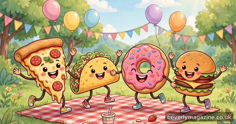 Happy cartoon food characters — pizza, taco, donut and burger — dancing at a park picnic party
