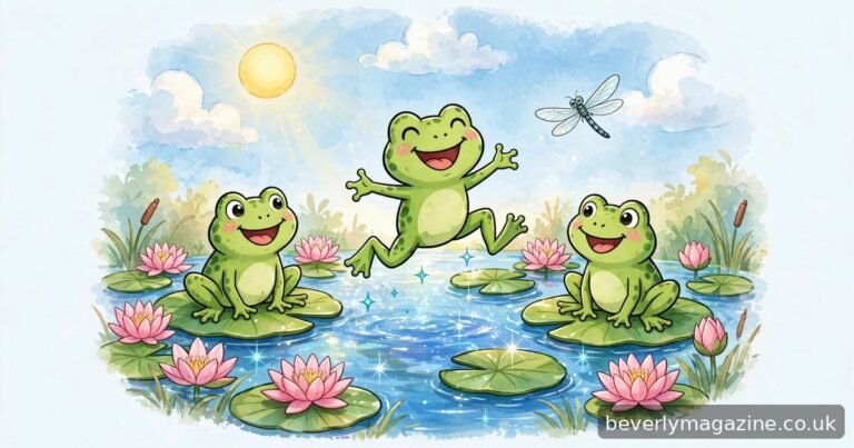 Happy cartoon green frogs hopping between lily pads on a sparkling pond with water lilies