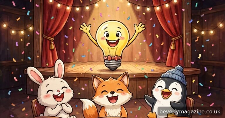 Cartoon illustration of a smiling lightbulb character performing on stage for laughing cartoon animals with confetti