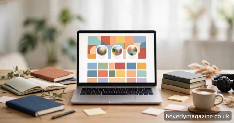 Laptop showing a colorful blog article layout on a home office desk with notebooks, books, headphones and a coffee cup.