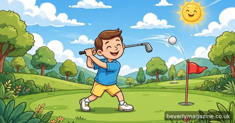 Cheerful cartoon golfer mid-swing on a sunny green golf course with a red flag