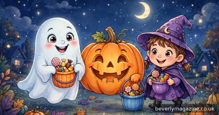 Cartoon illustration of a friendly ghost, grinning jack-o-lantern, and witch kid trick-or-treating under a crescent moon