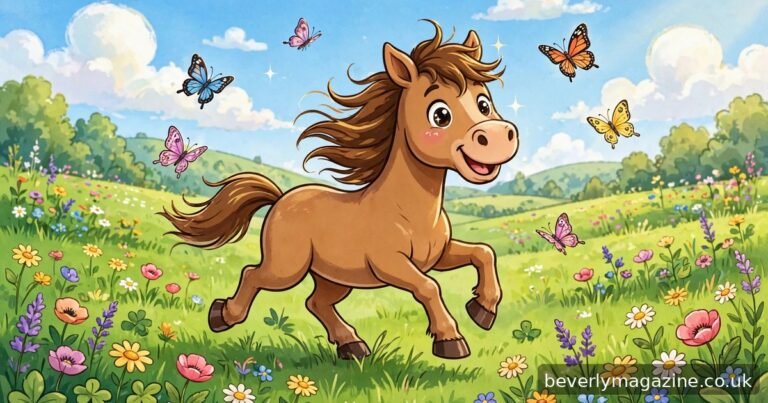 Cheerful cartoon illustration of a smiling brown horse trotting through a green meadow with butterflies and wildflowers