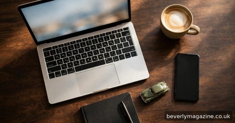 Overhead view of a workspace with a laptop, toy model car, smartphone, notebook and coffee cup on a dark wooden desk.
