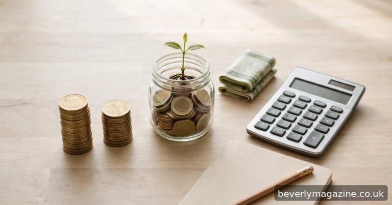 Flat-lay of coin stacks, banknotes, a plant sprouting from a jar of coins, a calculator and a notebook on a light wooden desk.