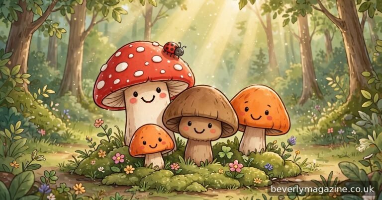 Cute cartoon smiling mushrooms of different colors growing in a sunlit forest clearing