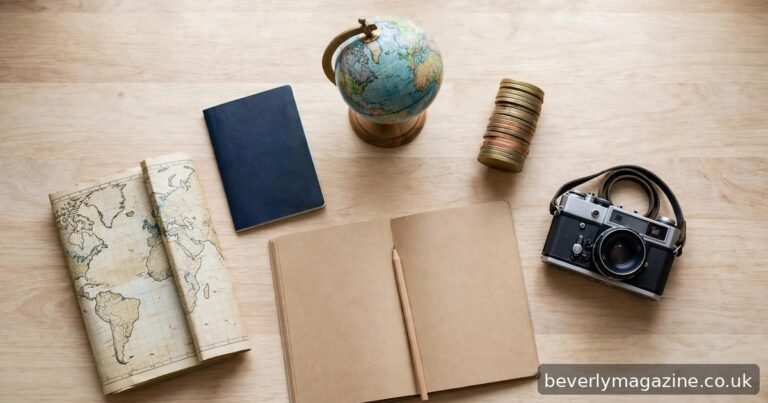 Flat-lay of a world map, passport, desk globe, stack of coins, vintage camera and notebook on a wooden surface.