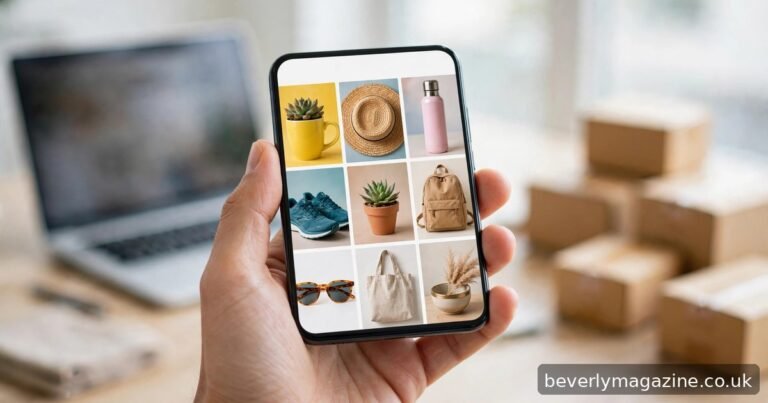Hand holding a smartphone displaying a grid of product listing photos, with parcel boxes and a laptop blurred in the background.