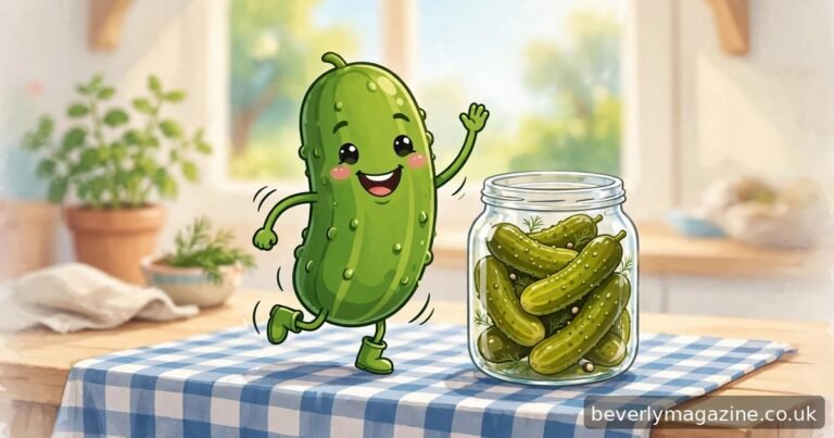 Happy cartoon pickle character dancing next to an open glass jar of pickles on a picnic table