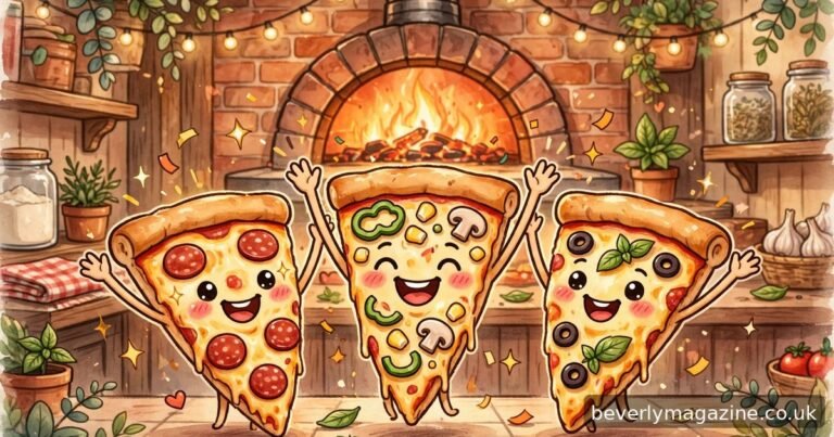 Cheerful cartoon illustration of happy pizza slice characters celebrating inside a cozy pizzeria with a glowing brick oven