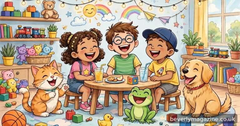 Cheerful cartoon illustration of laughing children telling jokes at a table with cute cartoon animals in a colorful playroom