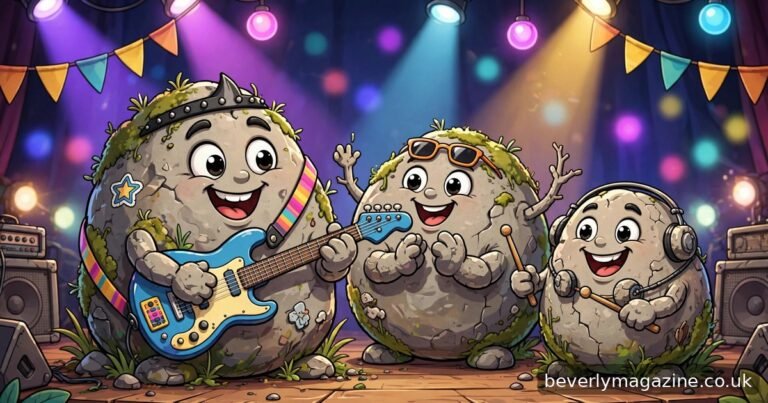 Cheerful cartoon illustration of smiling boulder characters playing guitar and drums on a concert stage with colorful lights