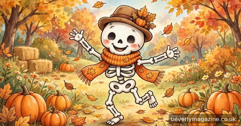 Cheerful cartoon illustration of a friendly smiling skeleton dancing among pumpkins and autumn leaves