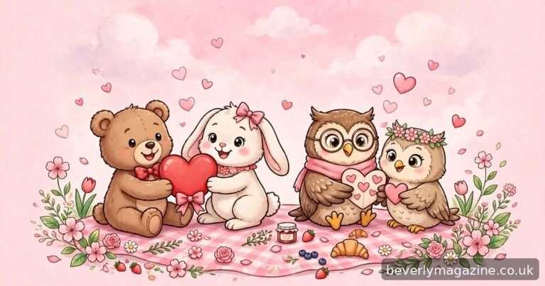 Cute cartoon animals — teddy bear, bunny and owls — exchanging heart valentines on a picnic blanket