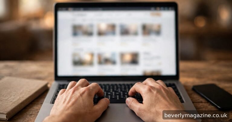 Hands typing on a laptop showing a blurred blog article grid, with a notebook and smartphone on a wooden desk.